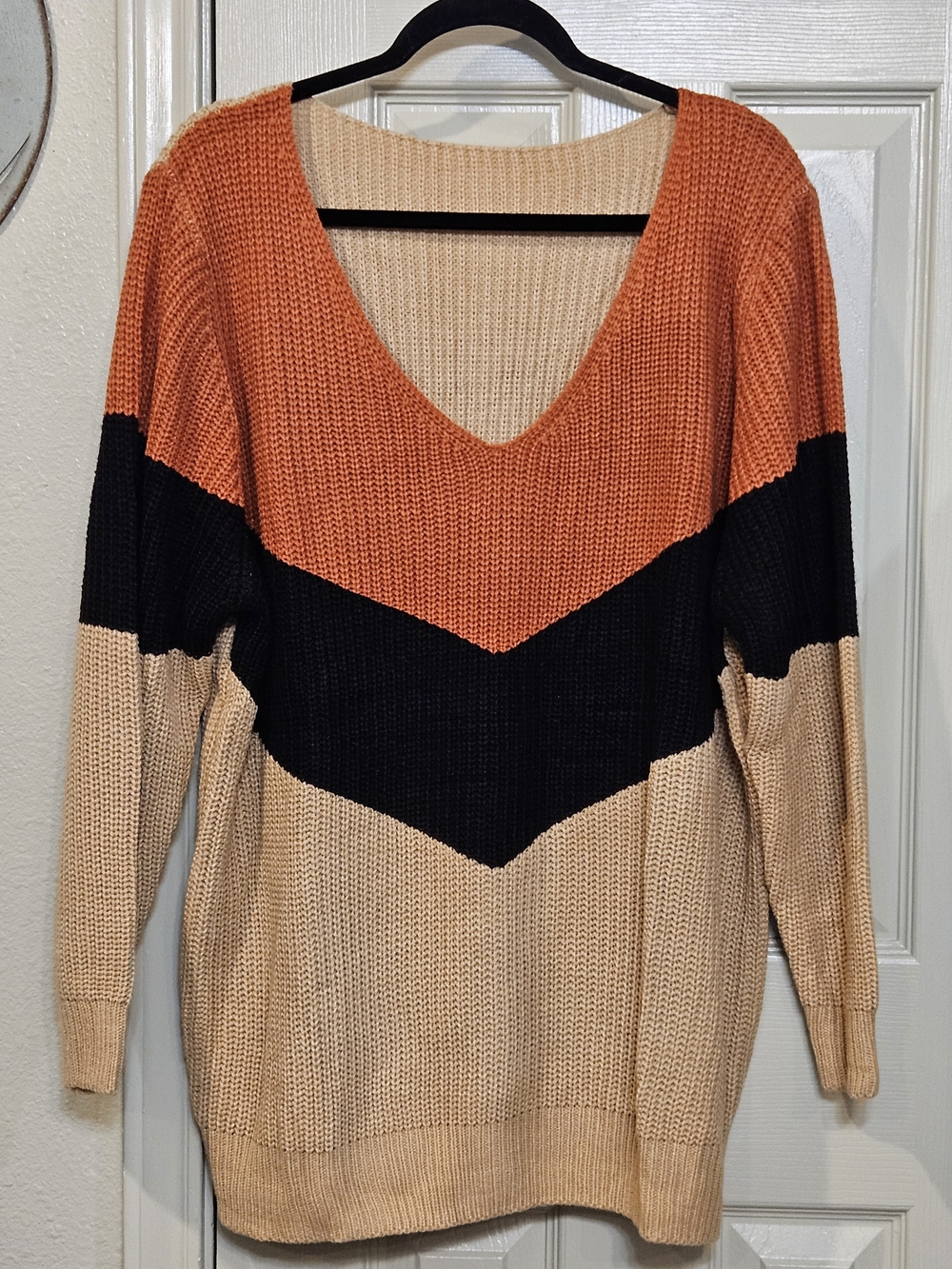 Orange Black Cream Chevron V-Neck Sweater